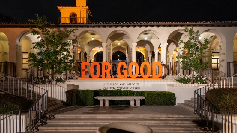 For Good letters are lit up in front of the JSC steps