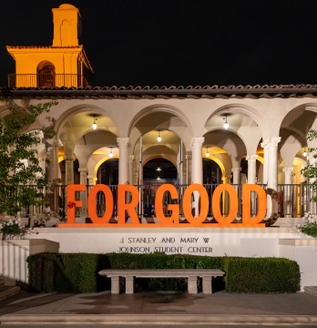 For Good letters illuminated on JSC steps